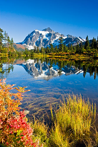 photo of mount shuksan and picture lake at sunset